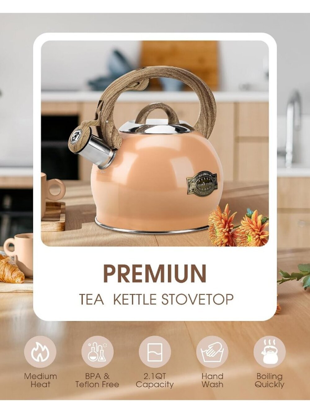 Peachy Whistling Tea kettles 2.1 Quart Stainless Steel Stovetop with Wood Handle - Picture 2 of 6